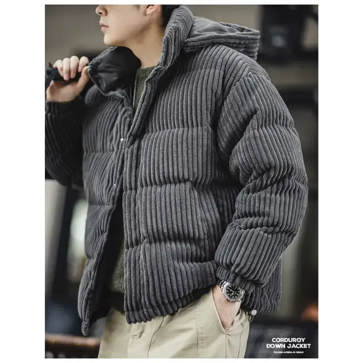 Mens Corduroy Down Jacket | Striped Hooded Vintage Jackets Amekaji