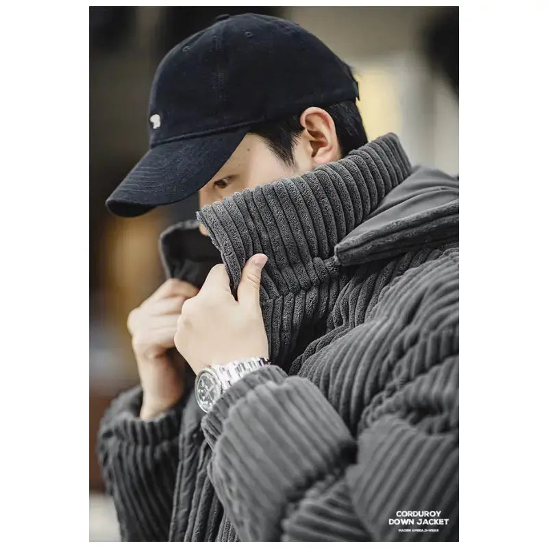 Mens Corduroy Down Jacket | Striped Hooded Vintage Jackets Amekaji