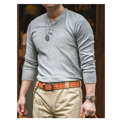 Mens Slim Fit Casual Pullover | Vintage Long Sleeve Henley Shirt Maden