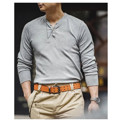 Mens Slim Fit Casual Pullover | Vintage Long Sleeve Henley Shirt Maden