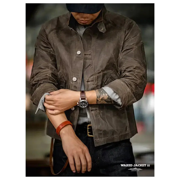 Oil Men Waxed Jacket | Vintage Classic Stand Collar Maden