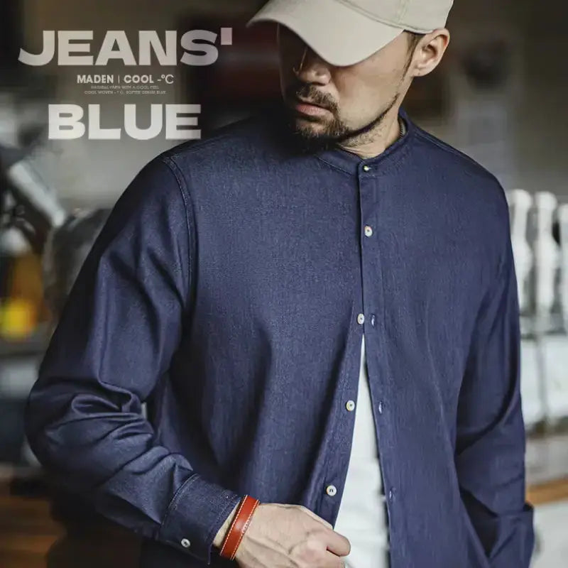 Retro Denim Mens Shirt | Cool Ice Silk Round Neck Amekaji