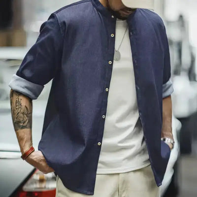 Retro Denim Mens Shirt | Cool Ice Silk Round Neck Amekaji