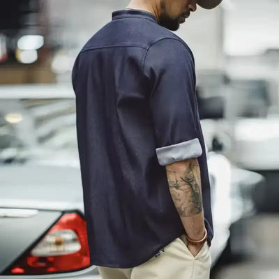 Retro Denim Mens Shirt | Cool Ice Silk Round Neck Amekaji