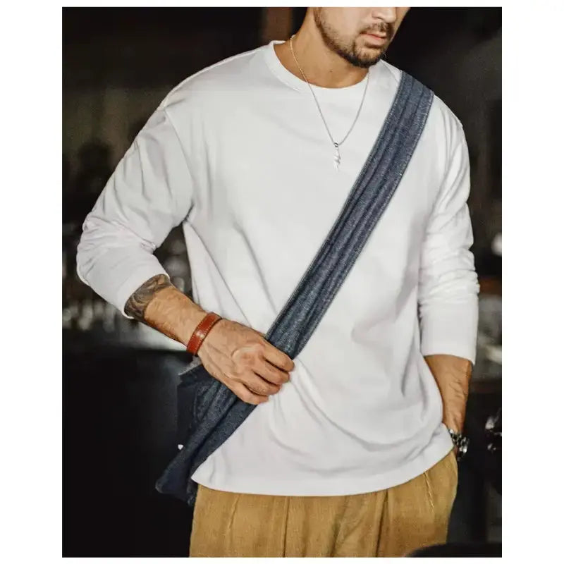 T-shirt Men Heavyweight Cotton | Crewneck Long Sleeve T-Shirt Amekaji