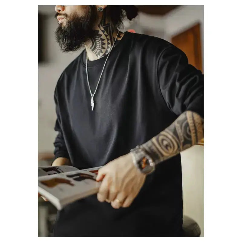 T-shirt Men Heavyweight Cotton | Crewneck Long Sleeve T-Shirt Amekaji