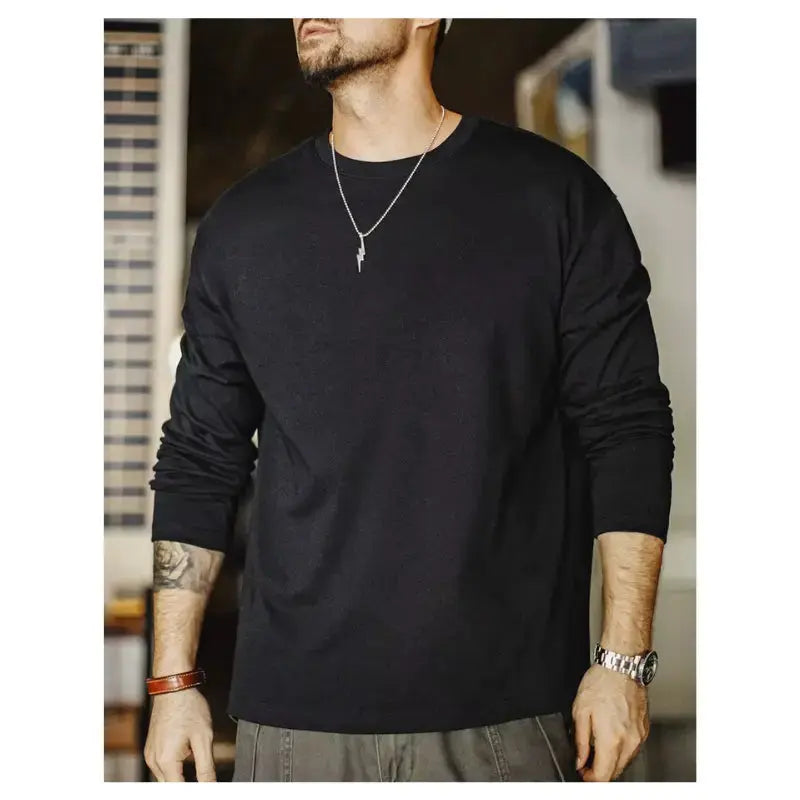 T-shirt Men Heavyweight Cotton | Crewneck Long Sleeve T-Shirt Amekaji