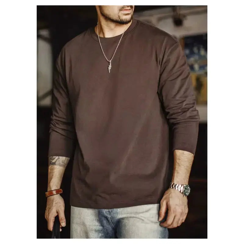T-shirt Men Heavyweight Cotton | Crewneck Long Sleeve T-Shirt Amekaji