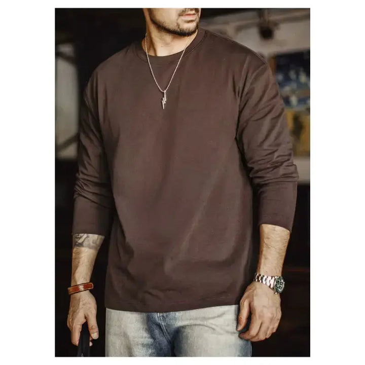T-shirt Men Heavyweight Cotton | Crewneck Long Sleeve T-Shirt Amekaji