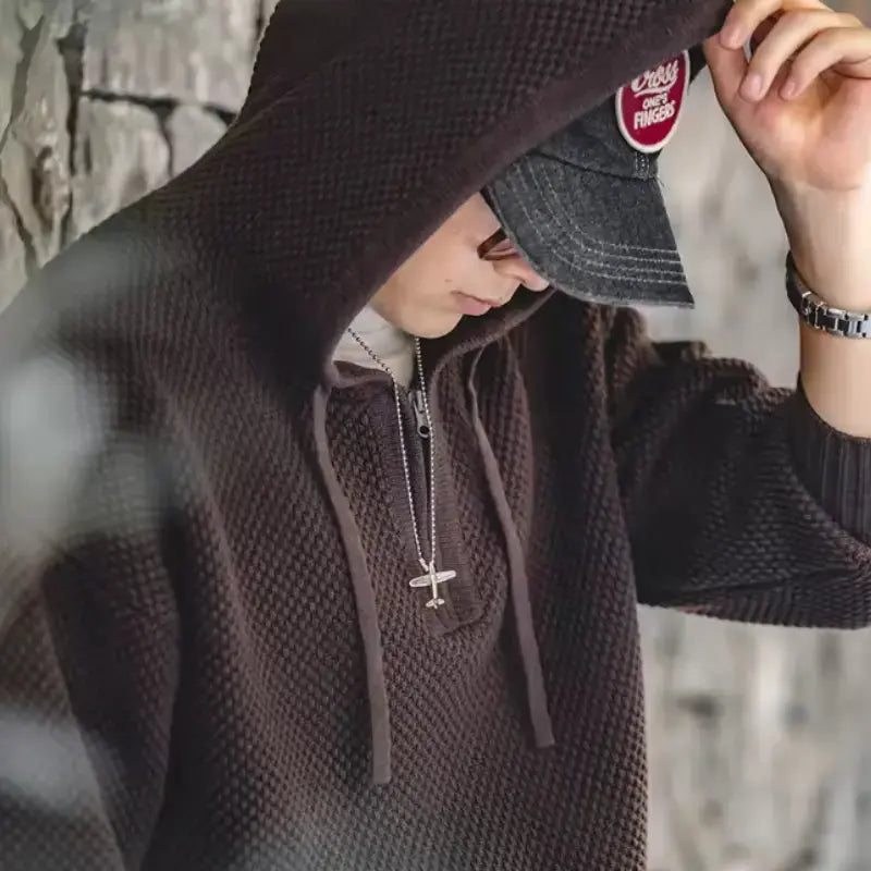 Textured Mens Knit Hoodie | Half-Zip Waffle Pullover Amekaji