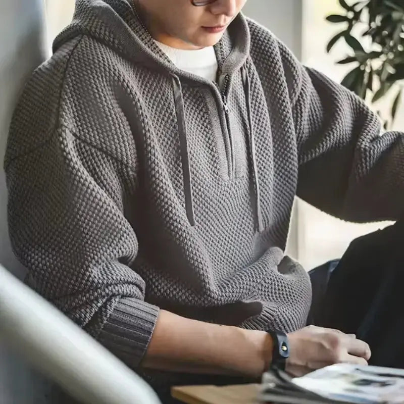 Textured Mens Knit Hoodie | Half-Zip Waffle Pullover Amekaji