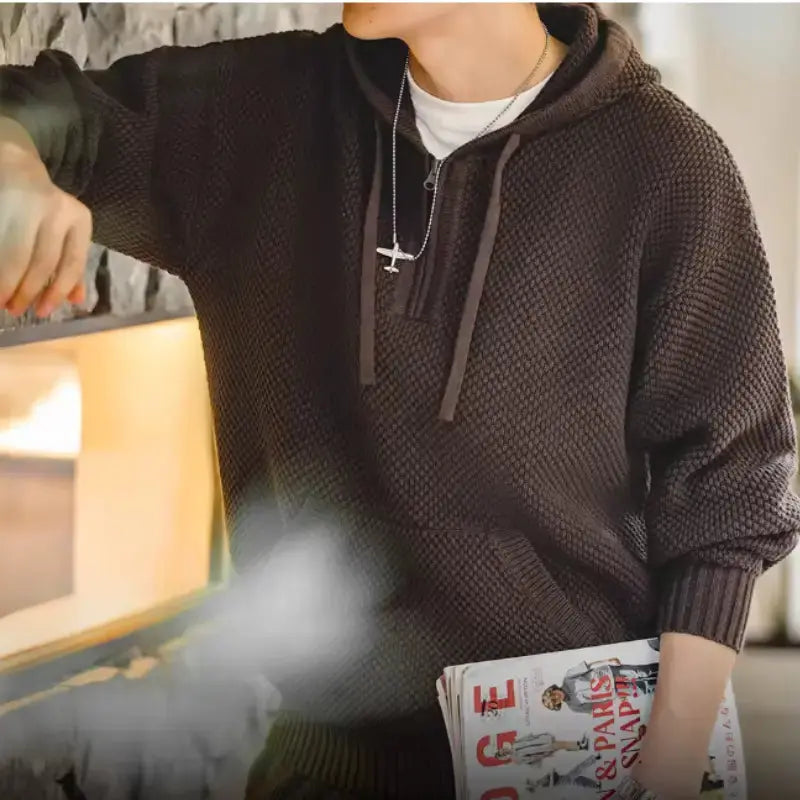 Textured Mens Knit Hoodie | Half-Zip Waffle Pullover Amekaji