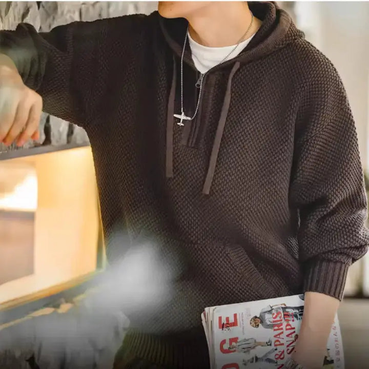 Textured Mens Knit Hoodie | Half-Zip Waffle Pullover Amekaji