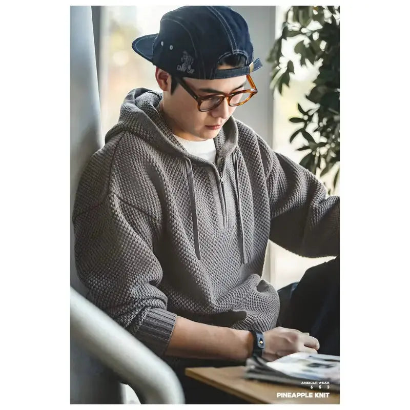 Textured Mens Knit Hoodie | Half-Zip Waffle Pullover Amekaji