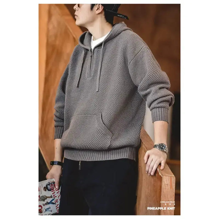 Textured Mens Knit Hoodie | Half-Zip Waffle Pullover Amekaji