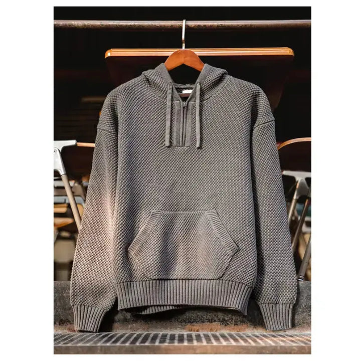 Textured Mens Knit Hoodie | Half-Zip Waffle Pullover Amekaji