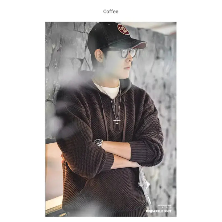 Textured Mens Knit Hoodie | Half-Zip Waffle Pullover Amekaji