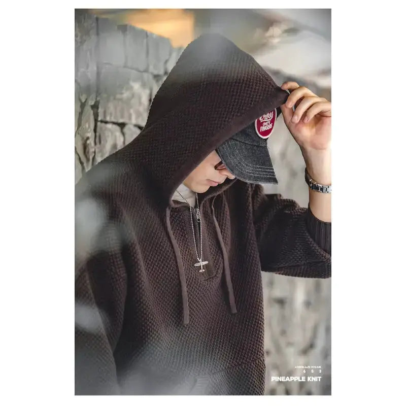 Textured Mens Knit Hoodie | Half-Zip Waffle Pullover Amekaji