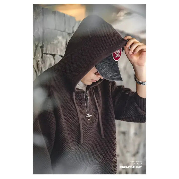 Textured Mens Knit Hoodie | Half-Zip Waffle Pullover Amekaji