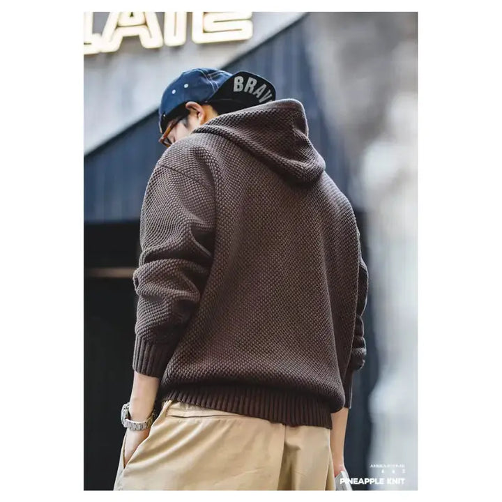 Textured Mens Knit Hoodie | Half-Zip Waffle Pullover Amekaji