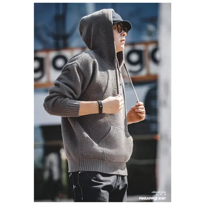Textured Mens Knit Hoodie | Half-Zip Waffle Pullover Amekaji