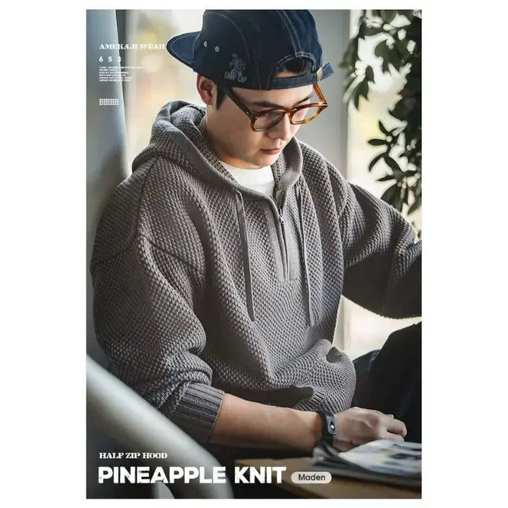 Textured Mens Knit Hoodie | Half-Zip Waffle Pullover Amekaji