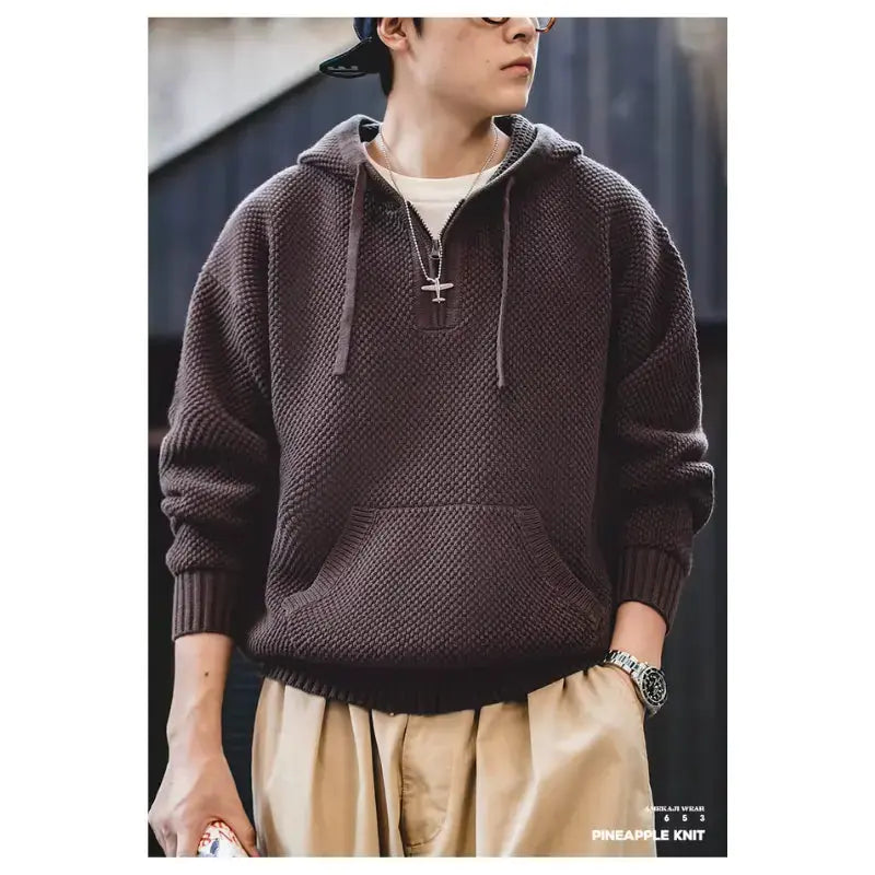 Textured Mens Knit Hoodie | Half-Zip Waffle Pullover Amekaji