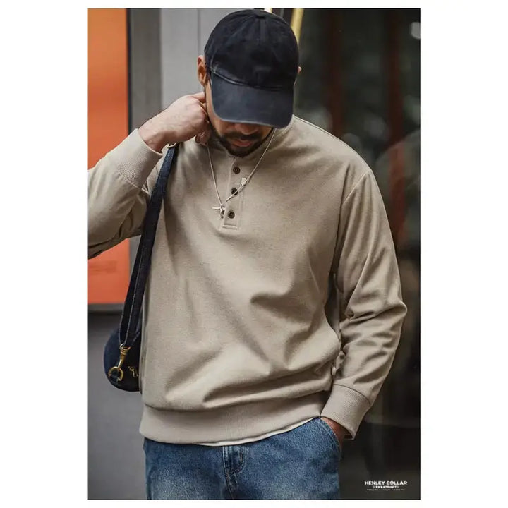 トップス vallad henry neck long sleeve Tops Sweatshirt Henry Collar | Men's Long Sleeve T-shirt - Amekaji