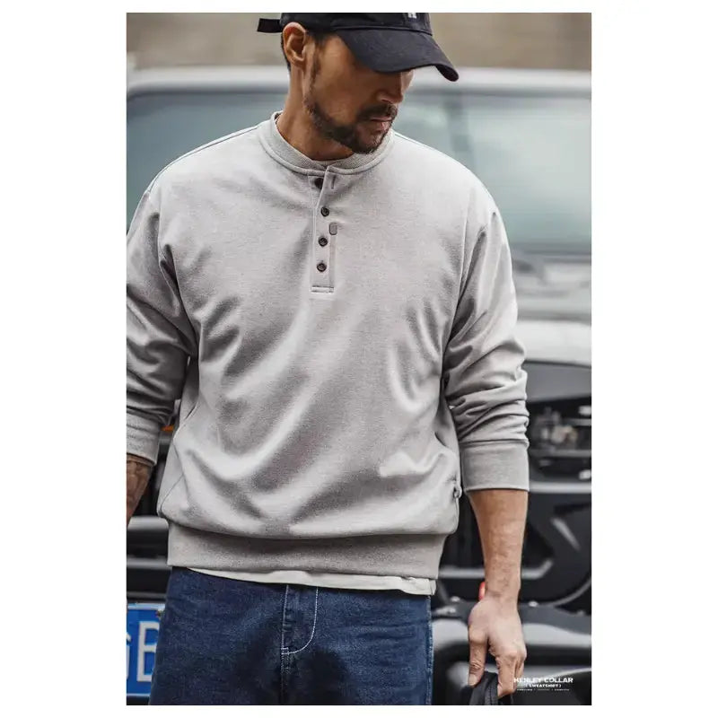 Tops Sweatshirt Henry Collar | Men's Casual Long Sleeve T-shirt Maden