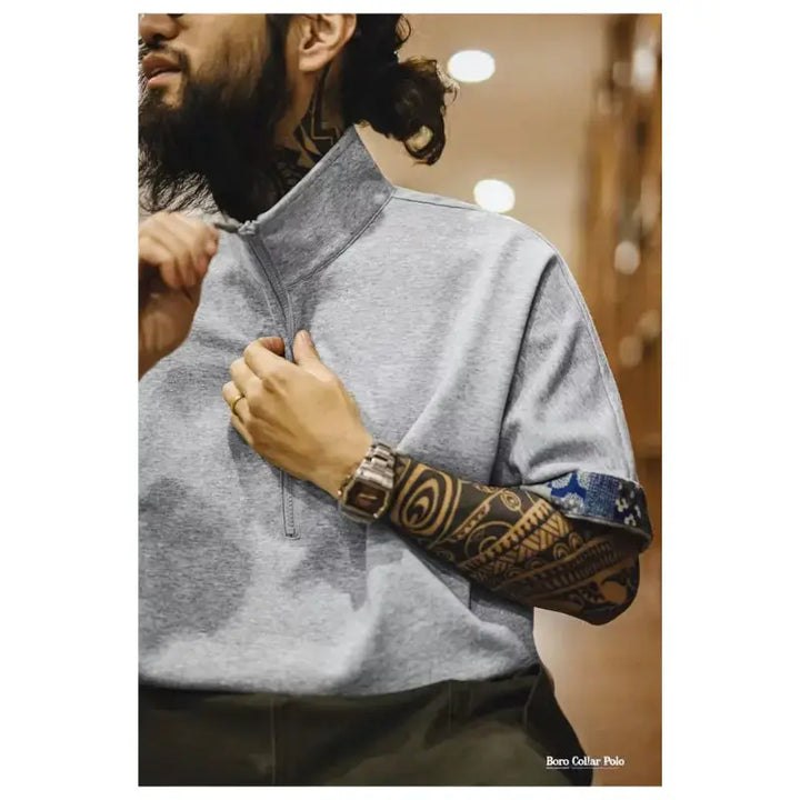 Vintage Boro Collar Polo | Half-Zip Amekaji Sweat Polo Amekaji