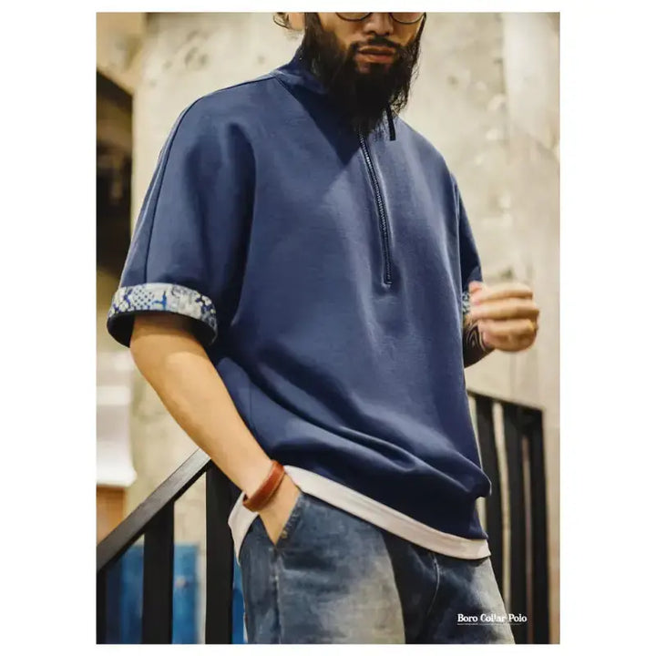 Vintage Boro Collar Polo | Half-Zip Amekaji Sweat Polo Amekaji