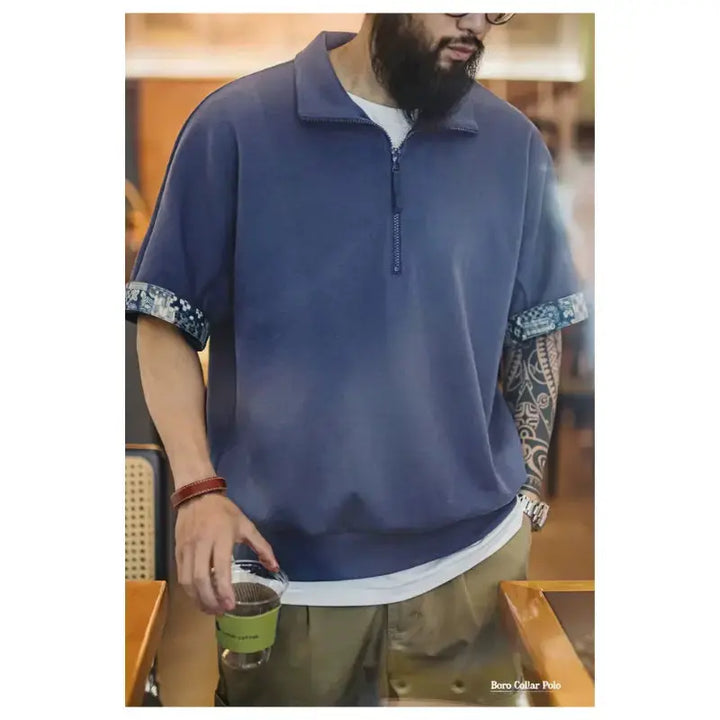 Vintage Boro Collar Polo | Half-Zip Amekaji Sweat Polo Amekaji