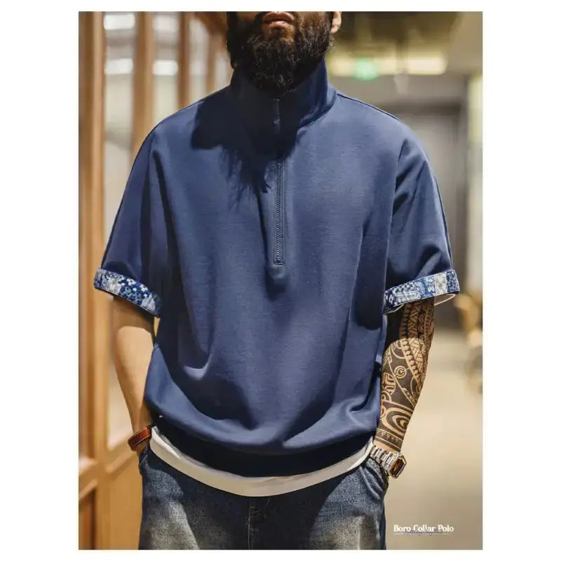 Vintage Boro Collar Polo | Half-Zip Amekaji Sweat Polo Amekaji