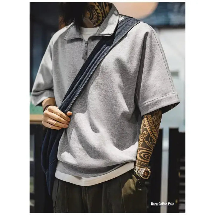 Vintage Boro Collar Polo | Half-Zip Amekaji Sweat Polo Amekaji