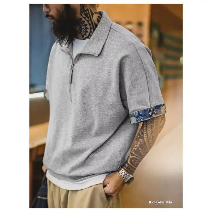 Vintage Boro Collar Polo | Half-Zip Amekaji Sweat Polo Amekaji