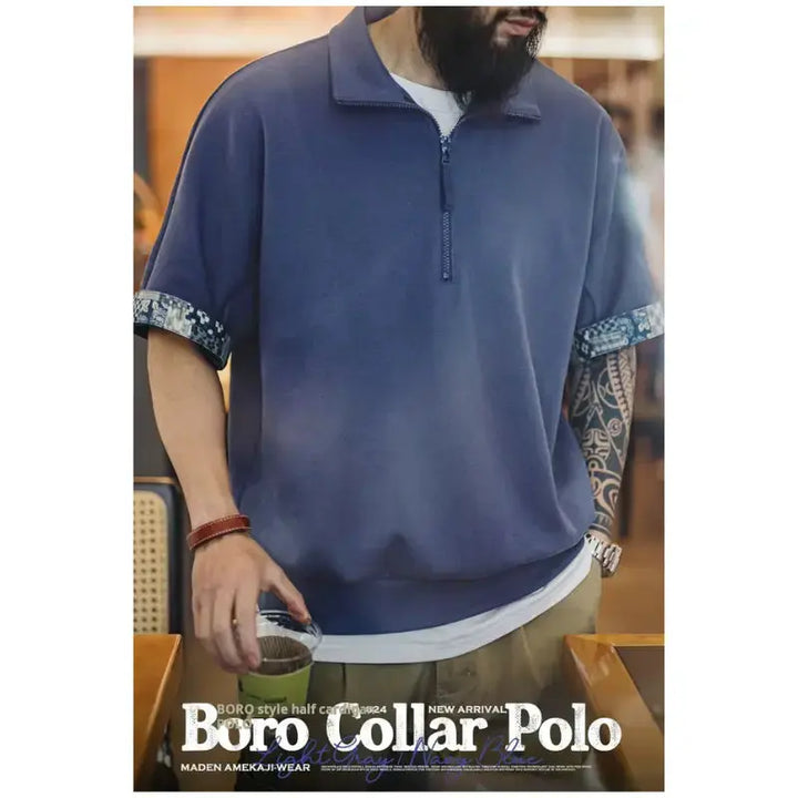 Vintage Boro Collar Polo | Half-Zip Amekaji Sweat Polo Amekaji
