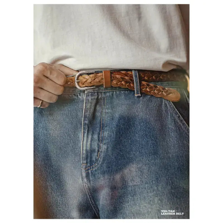 Vintage Braided Leather Belt | Retro American Casual Woven Belt Amekaji
