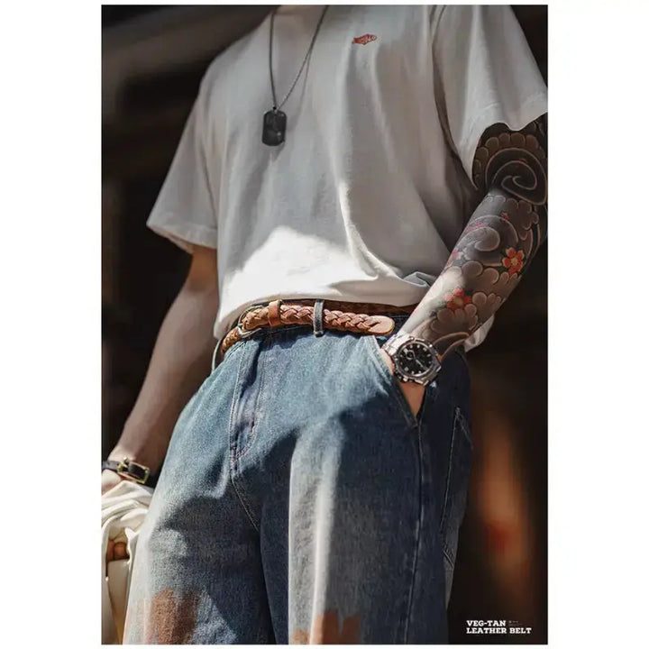 Vintage Braided Leather Belt | Retro American Casual Woven Belt Amekaji
