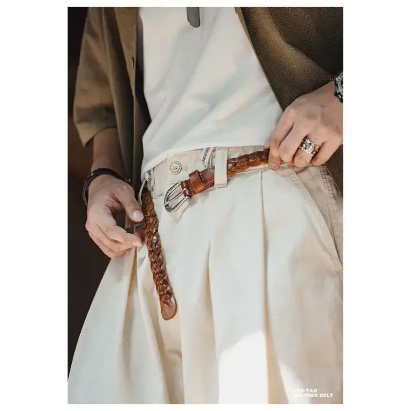 Vintage Braided Leather Belt | Retro American Casual Woven Belt Amekaji