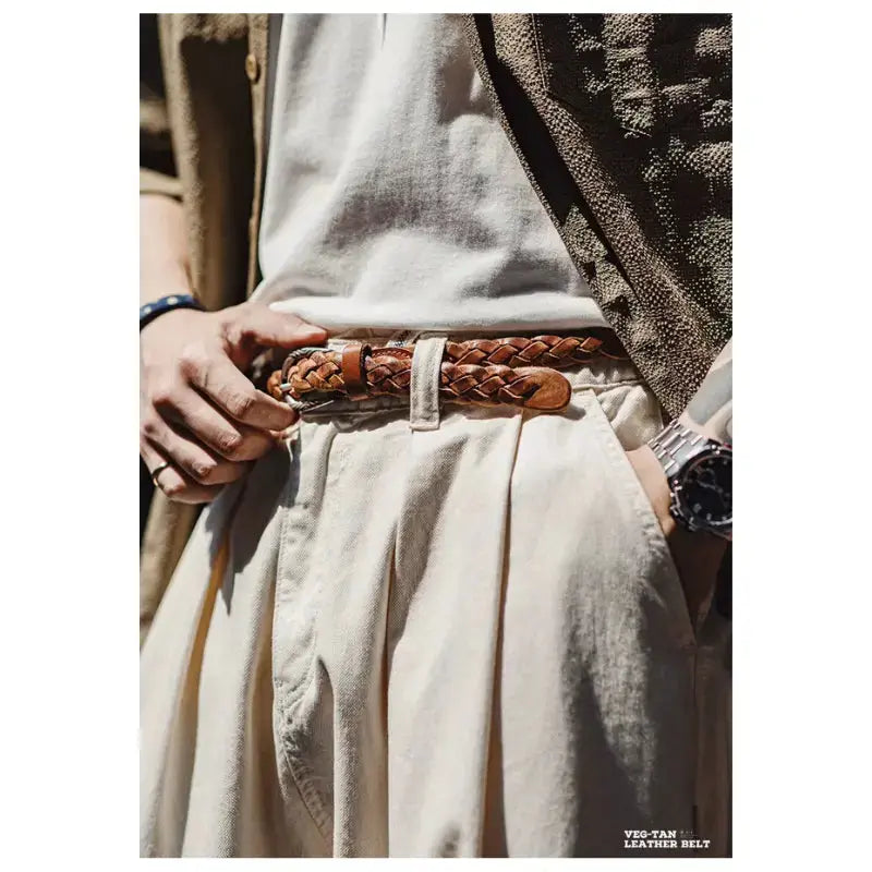 Vintage Braided Leather Belt | Retro American Casual Woven Belt Amekaji