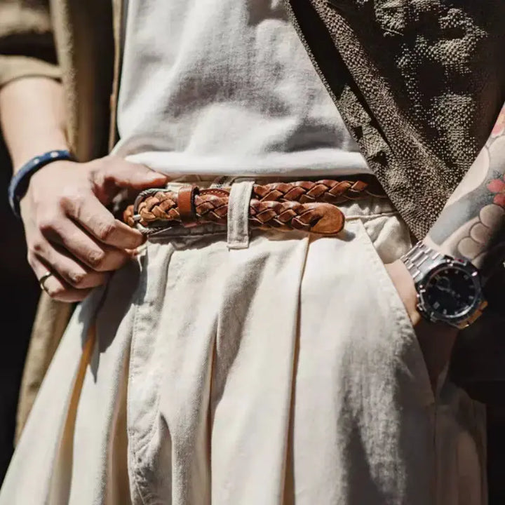 Vintage Braided Leather Belt | Retro American Casual Woven Belt Amekaji