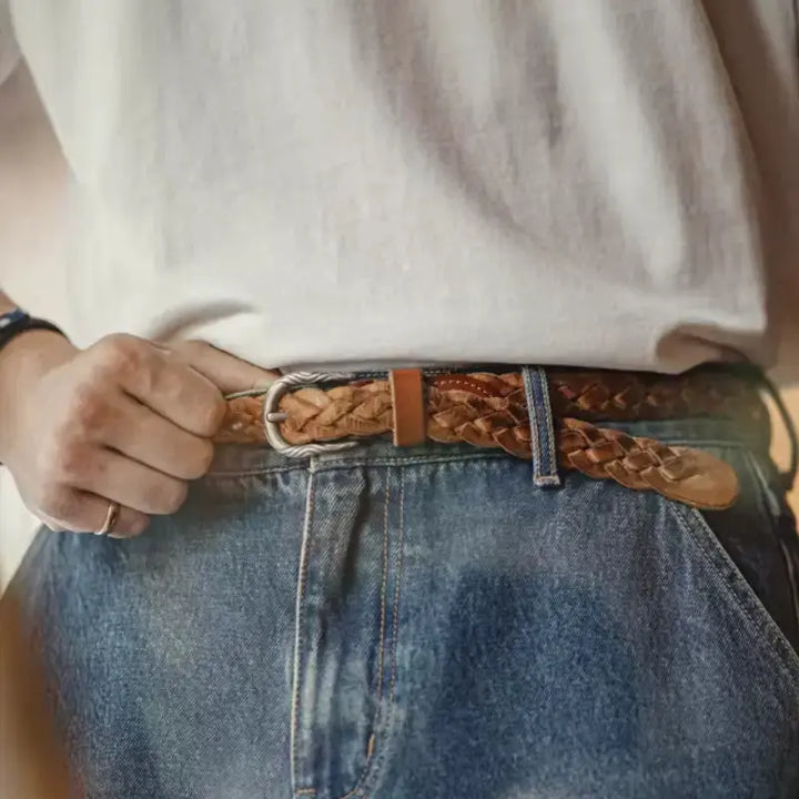 Vintage Braided Leather Belt | Retro American Casual Woven Belt Amekaji