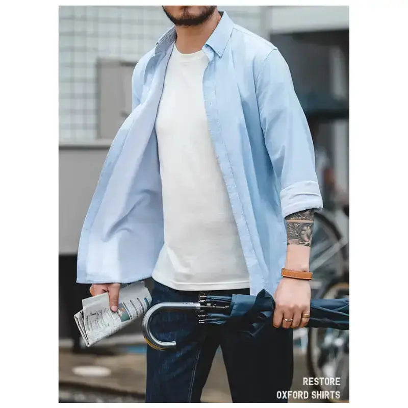 Vintage Brushed Men Shirts | Long-sleeve Cotton Oxford Shirt Amekaji