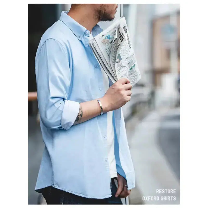 Vintage Brushed Men Shirts | Long-sleeve Cotton Oxford Shirt Amekaji