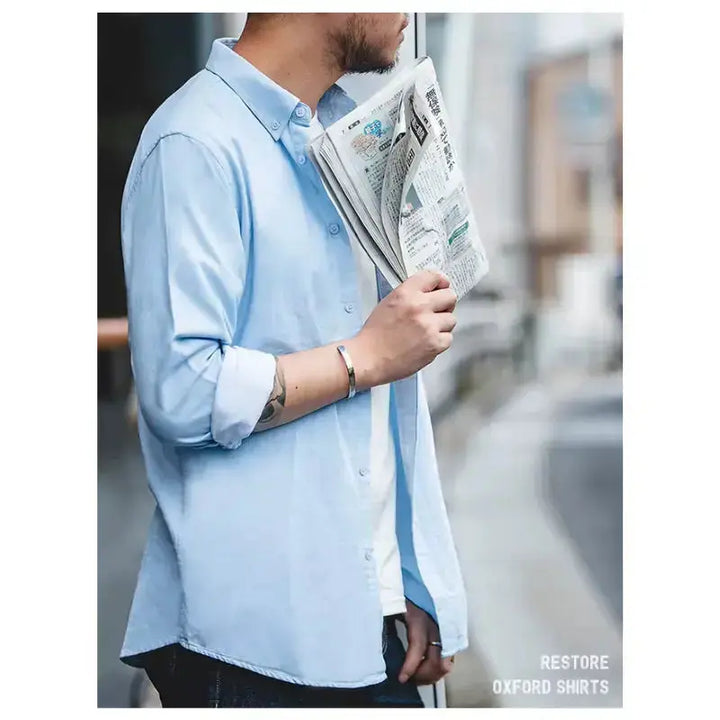 Vintage Brushed Men Shirts | Long-sleeve Cotton Oxford Shirt Amekaji