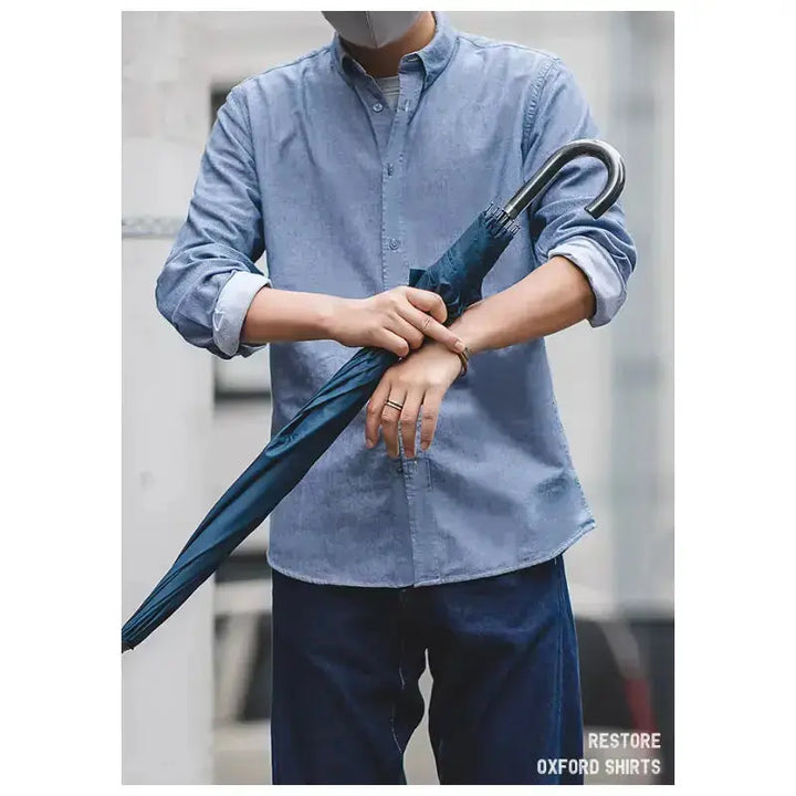 Vintage Brushed Men Shirts | Long-sleeve Cotton Oxford Shirt Amekaji