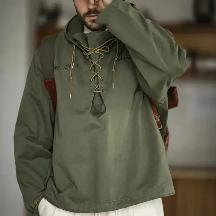 Vintage Deck Smock Hoodie | Lace-Up Military Pullover Jacket Amekaji