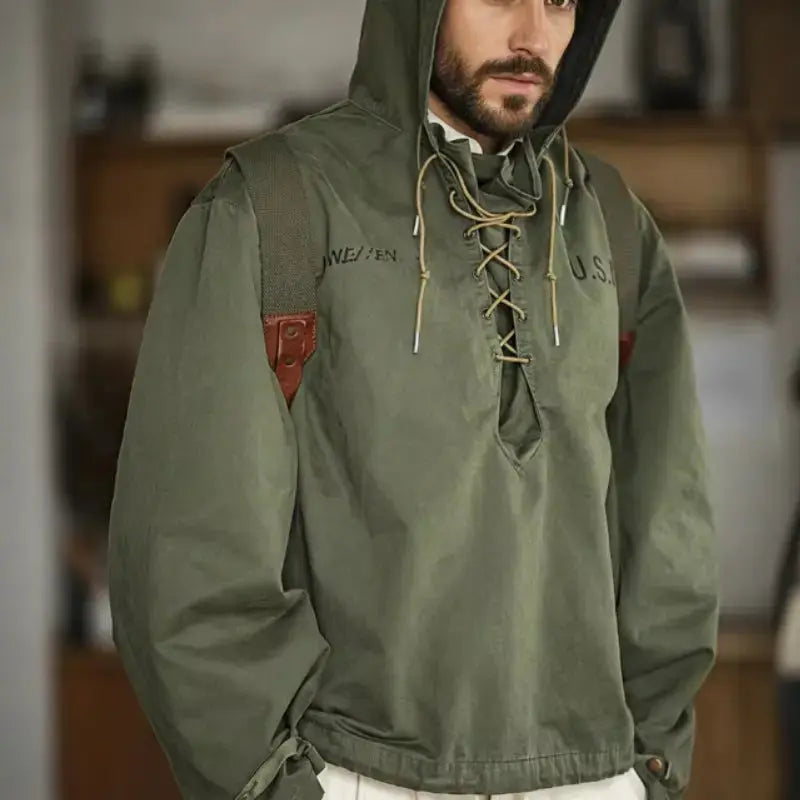 Vintage Deck Smock Hoodie | Lace-Up Military Pullover Jacket Amekaji