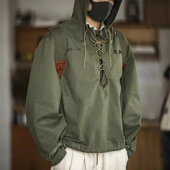 Vintage Deck Smock Hoodie | Lace-Up Military Pullover Jacket Amekaji