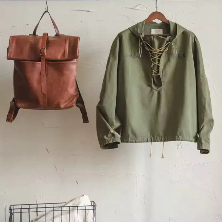 Vintage Deck Smock Hoodie | Lace-Up Military Pullover Jacket Amekaji